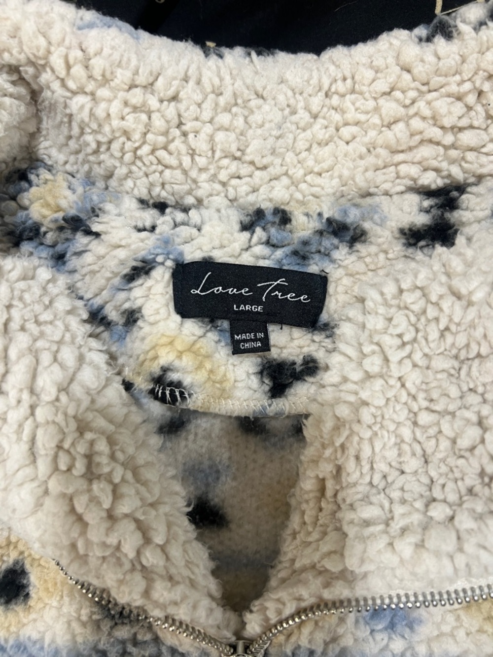 Love Tree Cream Sherpa Zip Jacket with Black and Pale Blue Spots